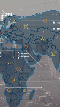 Animation of world map and data processing against aerial view of cityscape