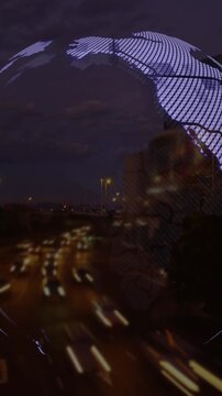 Animation of globe and data processing over road traffic in city