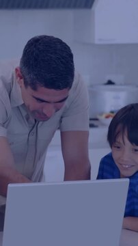Father and children using laptop, surrounded by digital network animation