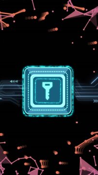 Animation of data processing and key icon over dark background