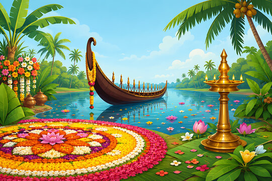Onam Traditional Boat Sailing Through Kerala Backwaters Celebration Banner