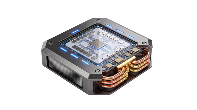 Futuristic quantum processor unit with copper cooling pipes. Advanced microchip hardware for AI computing. High-tech electronic component.