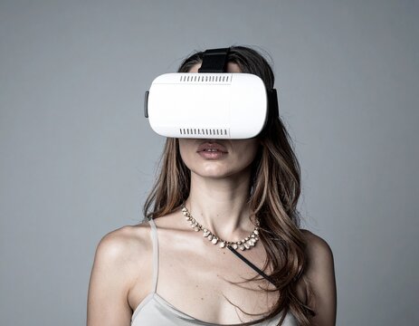 A woman engaged in an immersive virtual reality experience, utilizing a sleek white headset to explore new digital realms and advanced technological landscapes of the future