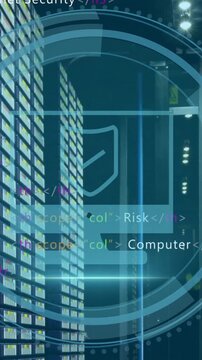 Animation of shield icon and data processing over computer servers
