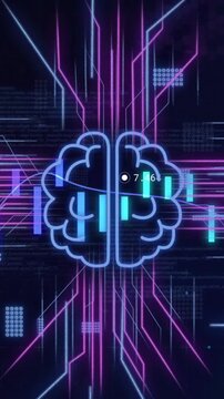Brain icon with neon lines and financial data processing animation