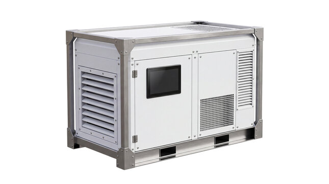 Portable air conditioning unit, industrial cooling machine, HVAC equipment with vents, white radiator appliance, side view of refrigeration box, isolated technical cooling device