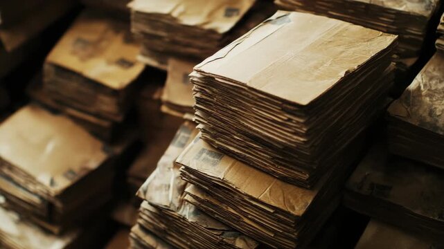 An showcasing aged paper materials piled up in the foreground with a softly out-of-focus setting behind it.