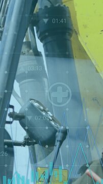 Health and safety data animation over construction worker operating heavy machinery