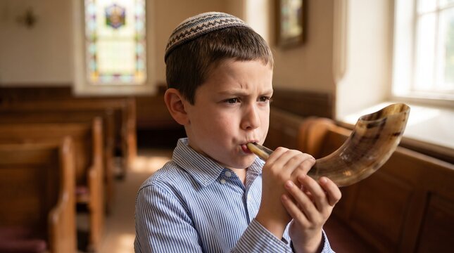 Jewish boy blowing a shofar inside a synagogue for Rosh Hashanah