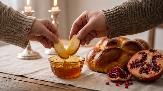 Hands dipping apple slices into honey beside challah and pomegranate for Rosh Hashanah