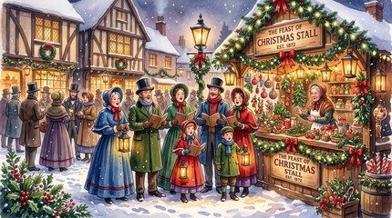Fototapeta premium Watercolor Victorian Carol Singers concept. Victorian Christmas market scene with carolers and festive decorations.