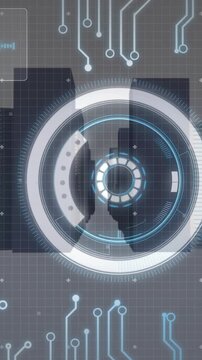 Digital data processing animation over cityscape with graphs and circuit patterns