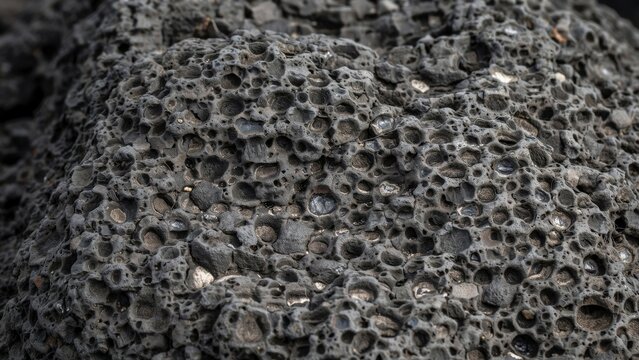 Close-up texture of porous dark gray volcanic basalt rock
