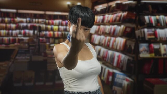 Woman shows middle finger in bookstore building, wearing white tank top, blue neck scarf and hoop earring, short black hair visible; defiance.