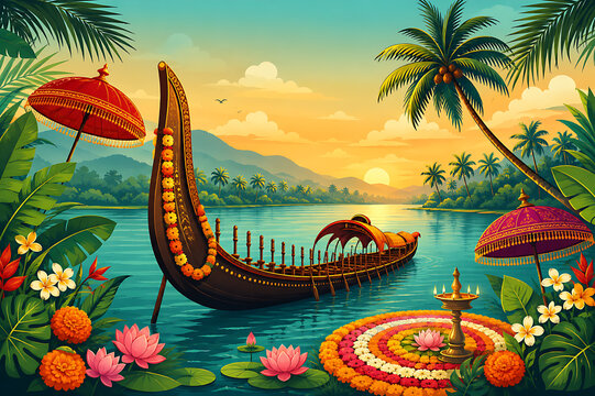 Onam Traditional Boat Sailing Through Kerala Backwaters Celebration Banner