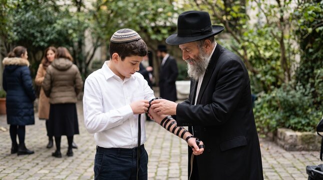 Elderly Jewish man helping a boy wrap tefillin before prayer