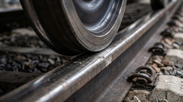 Close-up of a dark metallic train wheel rolling on a rusty railway track outdoors