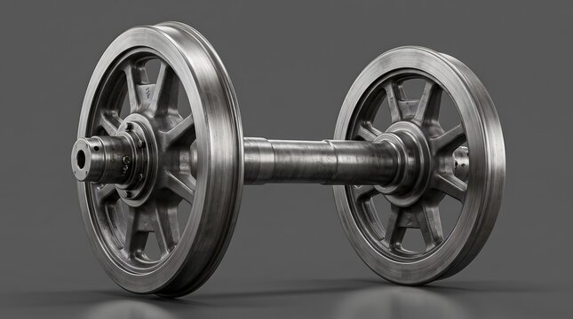 Detailed metal industrial wheels with axle assembly on grey studio background, showcasing precision engineering.