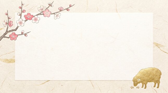 Vertical nengajo background cream washi with gold sheep and plum blossom large copy space new year 2027