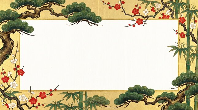 Shochikubai border frame vertical japanese new year card design with empty center copy space 2027