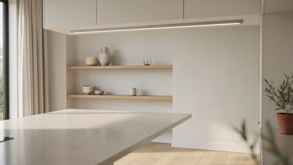 Fototapeta premium Minimalist kitchen interior with white countertop and wooden shelving