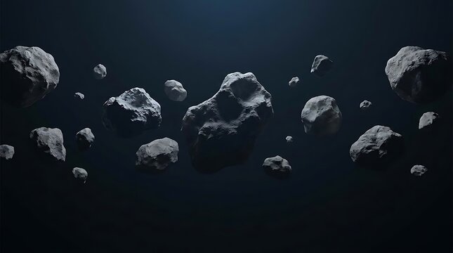 A detailed 3d render of an asteroid belt showing numerous rocky space debris and dark grey cosmic meteorites floating in the deep void of outer space
