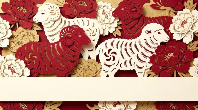 Kirie paper cut sheep and peony vertical japanese new year card red and white craft design 2027