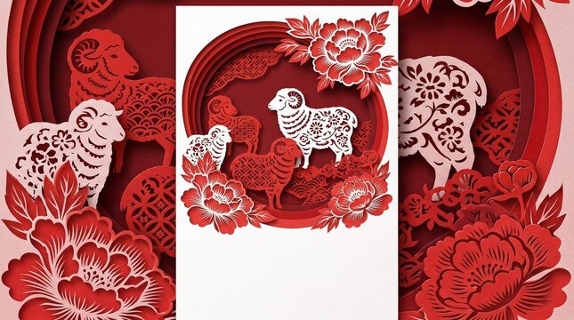 Kirie paper cut sheep and peony vertical japanese new year card red and white craft design 2027