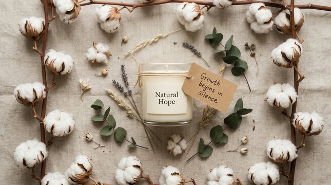 A calm scented candle labeled natural hope rests on rustic linen fabric surrounded by dried cotton bolls and eucalyptus leaves, creating a serene motivational scene for relaxation and wellness goals..