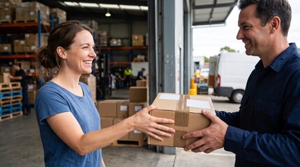Fototapeta premium Warehouse worker hands a package to a smiling woman outside a distribution center