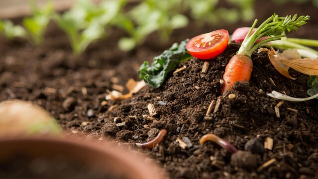 Organic compost pile with carrot, tomato slice, and vegetable scraps in soil