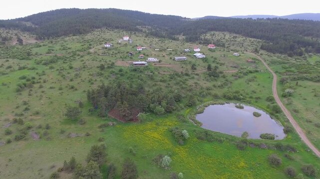 Aerial view of Serbian village houses, lake, flowering meadows, sparse forested hills.