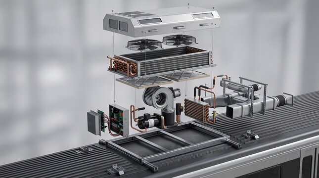 Exploded view of HVAC air conditioning unit on a train roof assembly