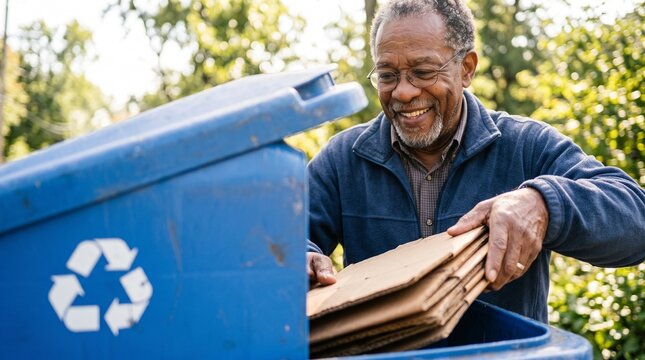 Smiling African American senior man recycling cardboard boxes into a blue bin outdoors