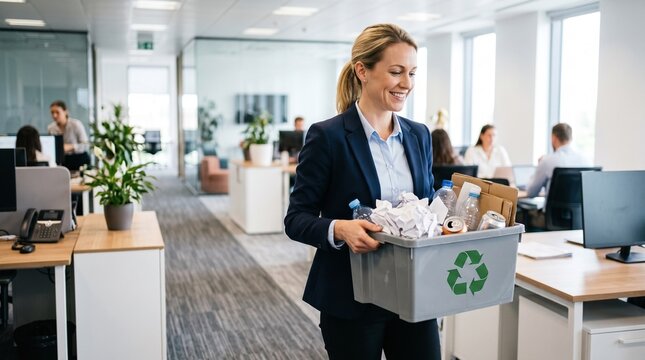 Smiling businesswoman carrying recycling bin with paper and plastic bottles in modern office environment