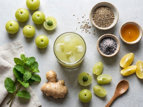 Fresh amla juice in a glass with ginger mint and indian gooseberry fruits on a table. Aamla juice recipe