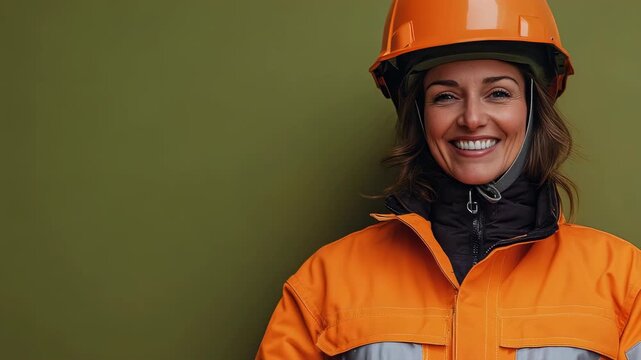 A happy woman wearing construction gear and smiling at the camera.