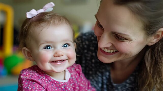 A loving moment between a woman and her child. Warm, joyful family connection.