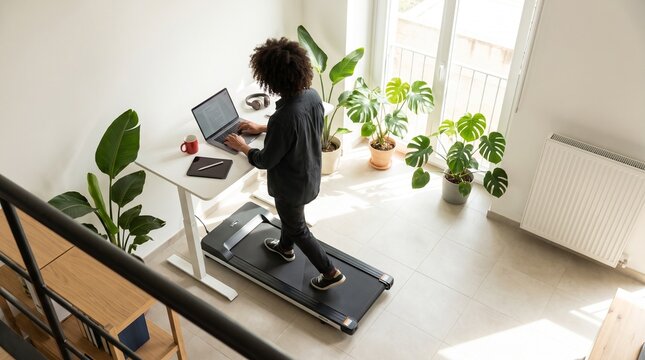 Woman working on a treadmill desk in a bright home office with plants