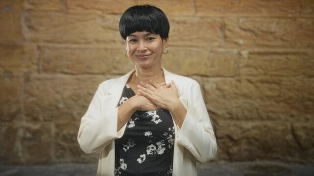Woman with hands crossed over her chest smiling gently in front of a stone building wearing white blazer and floral dress; gratitude calm reflection.