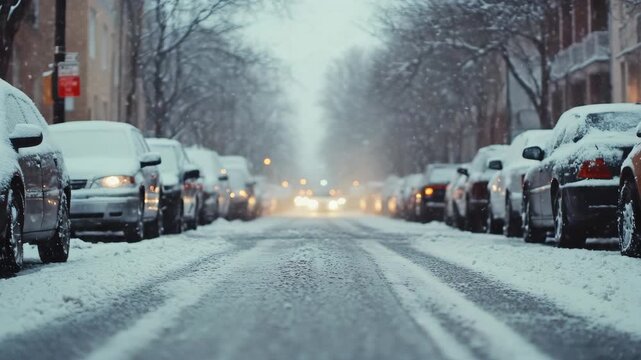 Snowflakes drift down a quiet, snowy street. Cars line both sides, lightly covered in snow. Foggy sky casts a muted glow over the scene. Headlights from distant vehicles pierce the gloom