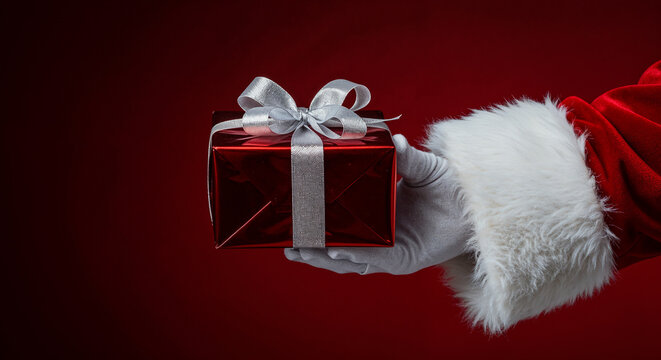 Santa Claus wearing white gloves holding a red christmas gift box tied with a silver ribbon