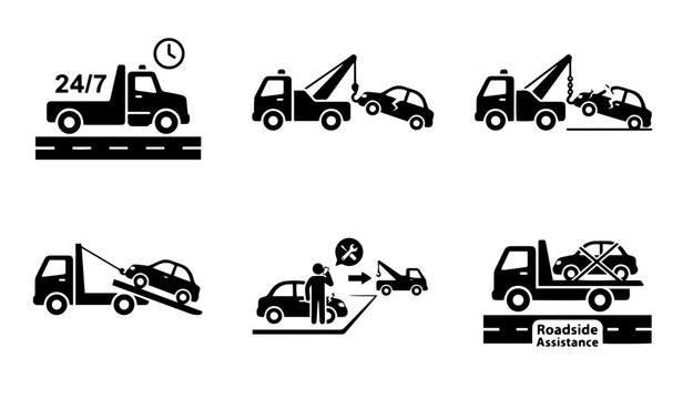 Tow truck vector icon set with roadside vehicle recovery and towing service scenes