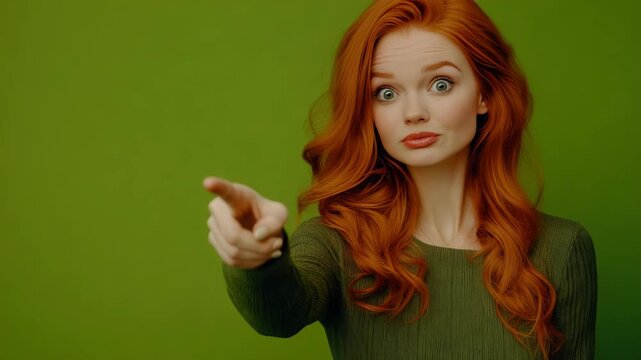 Redheaded actress with a surprised expression pointing towards the camera.