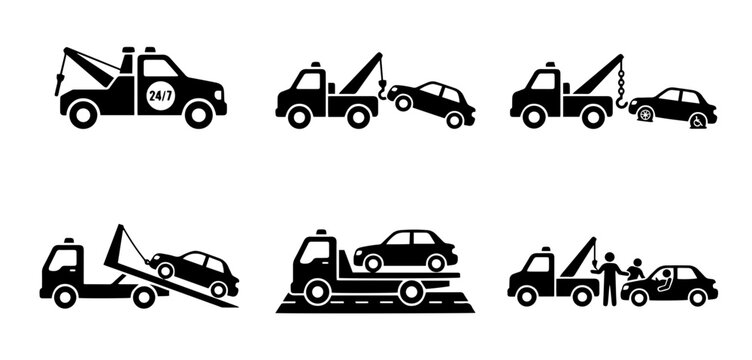 Tow truck and roadside assistance black silhouette vector icons set