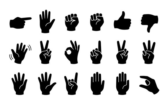 Hand gesture silhouette vector set with thumbs, fists, pointing and hand signals