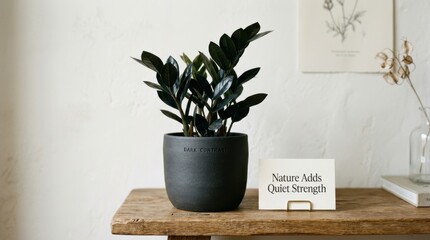 Naklejka premium Elegant black raven zz plant in a dark ceramic pot rests on a rustic wooden shelf alongside an inspirational quote card about nature, creating a peaceful and minimalist interior design