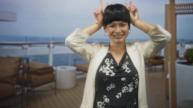 Woman holds hands as bunny ears behind head on ship deck building, wearing white jacket and black floral dress, smiling at camera; playful.