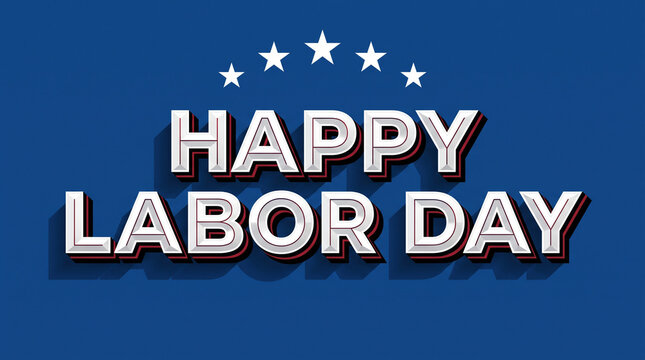 Elegant Happy Labour Day greeting background featuring bold silver 3D typography with a subtle red outline and white stars, set against a professional deep blue backdrop.