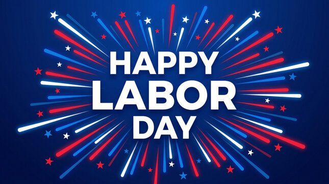 Dynamic Happy Labour Day background with vibrant red, white, and blue firework burst patterns and stars, creating an energetic and celebratory atmosphere for the holiday.